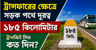 বদলির ক্ষেত্রে ১৮৫ কিলোমিটার দূরত্ব হলে ট্রানজিট/যোগদানকাল কত দিন?