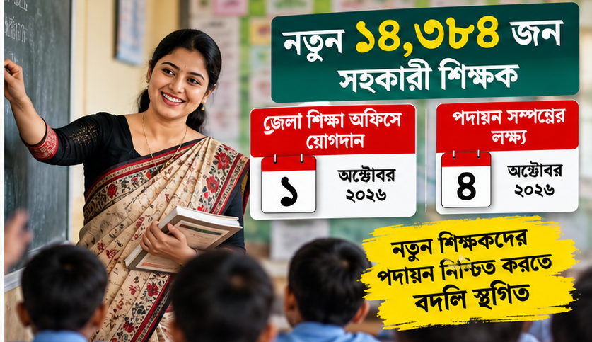 নবনিয়োগপ্রাপ্ত শিক্ষকদের পদায়নের আগে সহকারী শিক্ষকদের বদলি স্থগিত রাখার নির্দেশনা