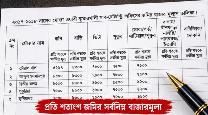 কুমারখালী সাব-রেজিস্ট্রি অফিসের ২০১৭–১৮ সালের মৌজা রেটের তালিকা প্রকাশ