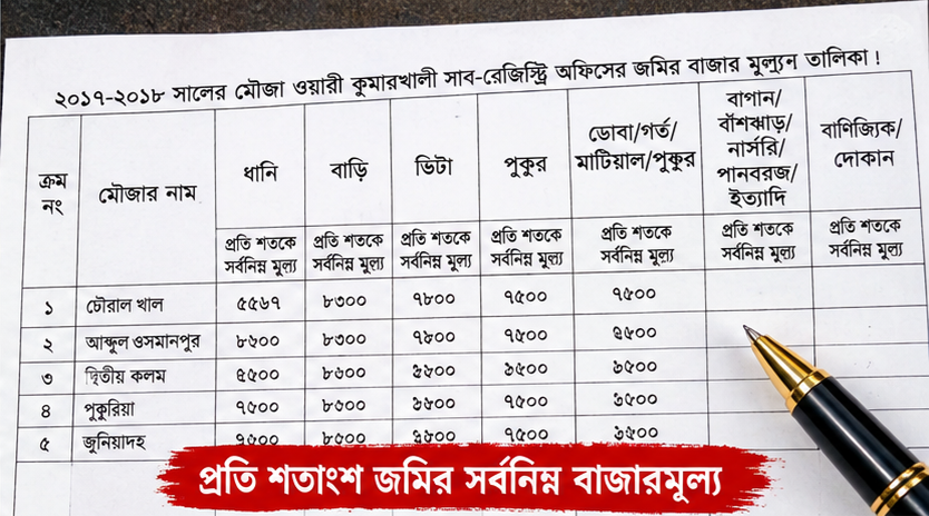 কুমারখালী সাব-রেজিস্ট্রি অফিসের ২০১৭–১৮ সালের মৌজা রেটের তালিকা প্রকাশ